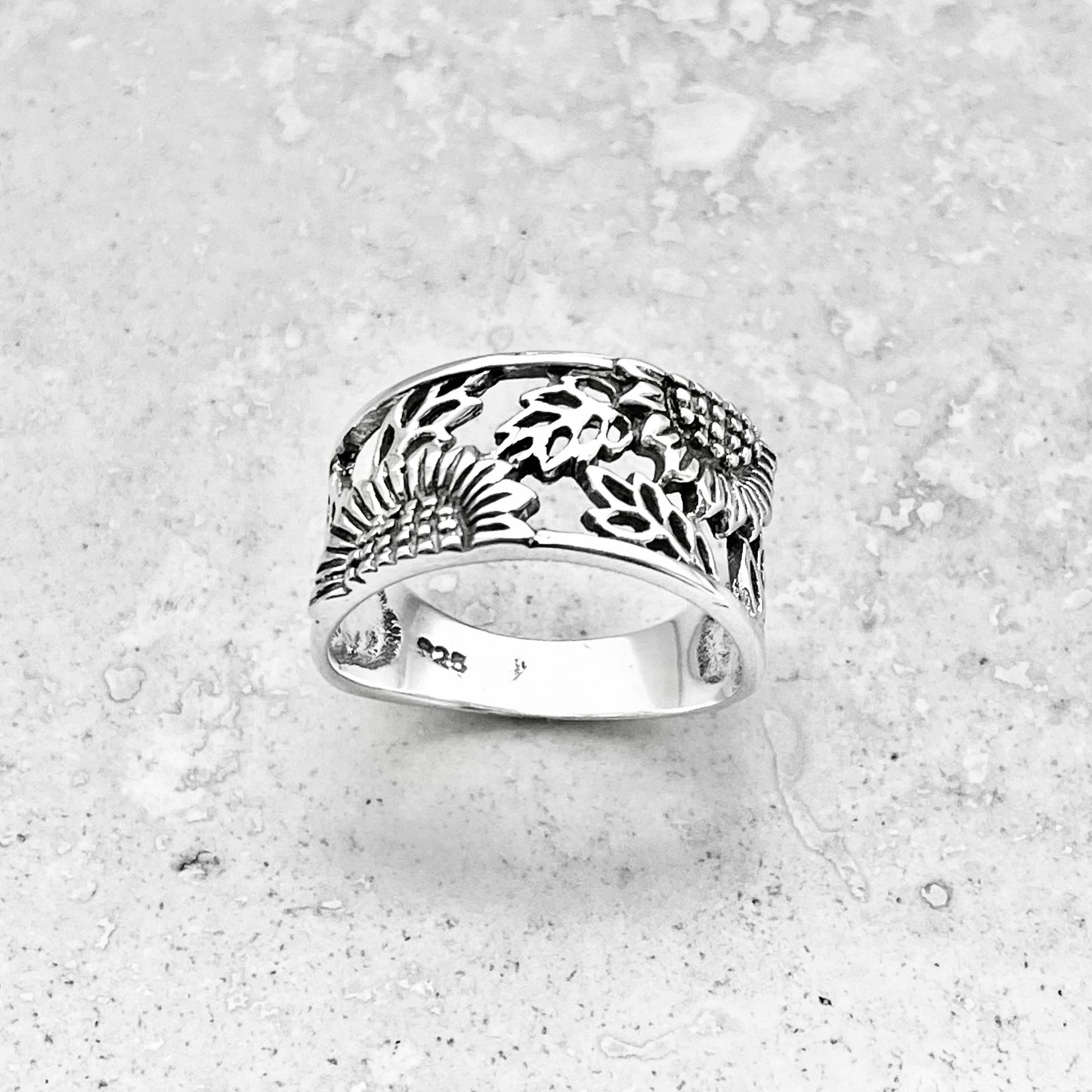Sterling Silver Sunflower Ring with Leaves, Flower Band, Leaf Rings, Happy Flowers