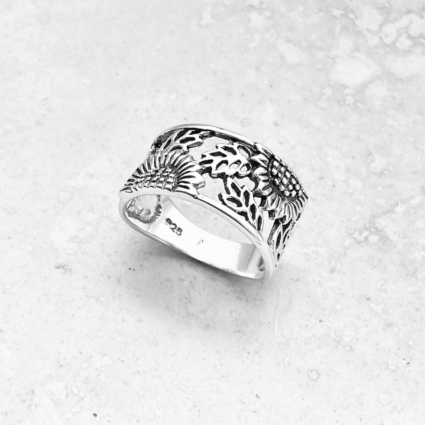 Sterling Silver Sunflower Ring with Leaves, Flower Band, Leaf Rings, Happy Flowers