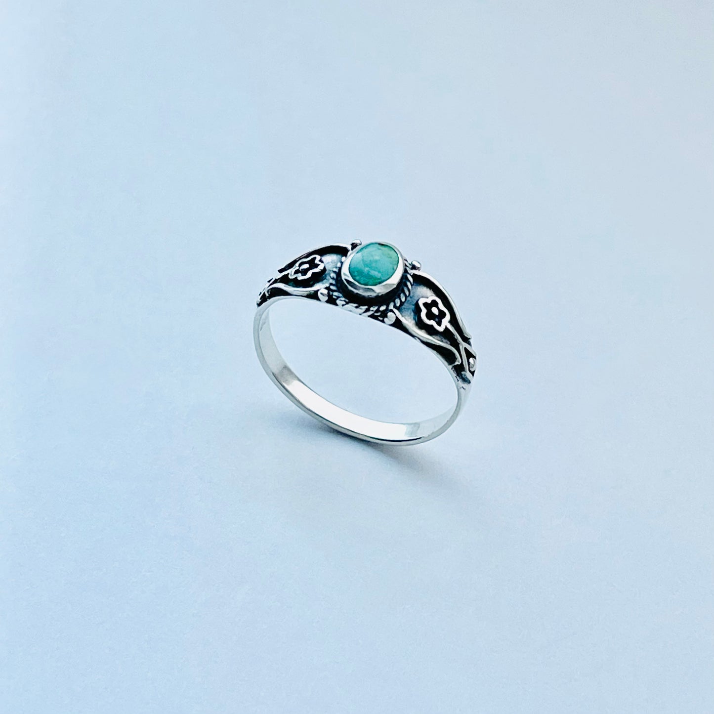Sterling Silver Dainty Genuine Turquoise Ring with Flowers – Floral Boho Stone Silver Rings