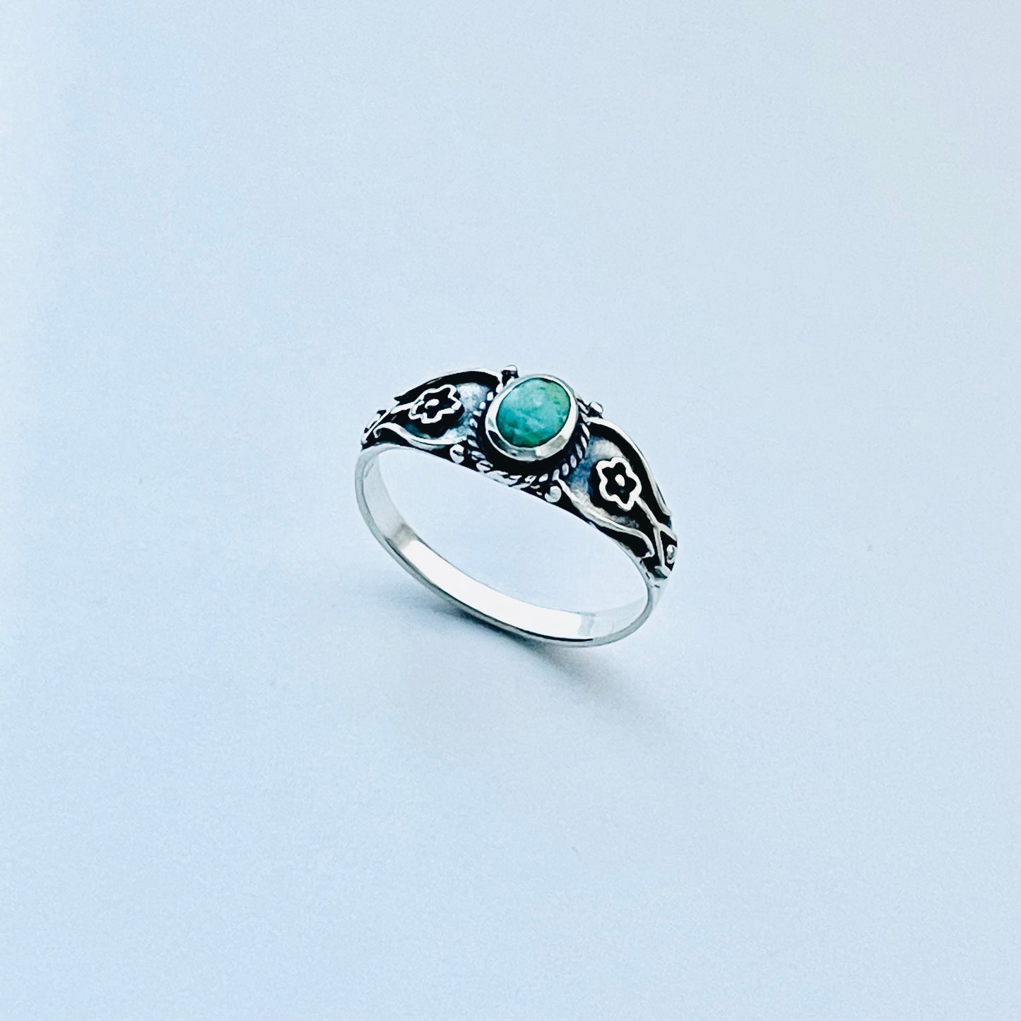Sterling Silver Dainty Genuine Turquoise Ring with Flowers – Floral Boho Stone Silver Rings