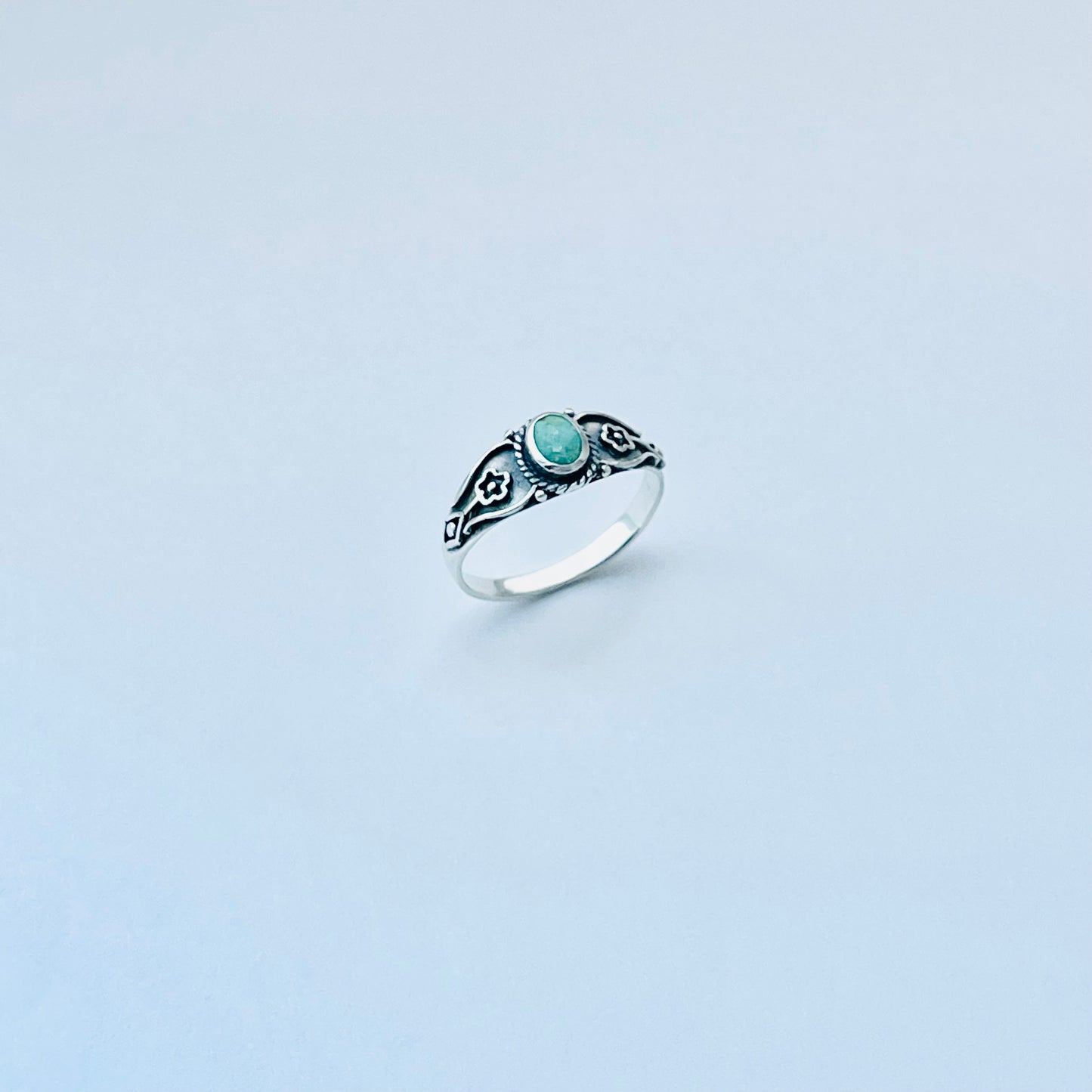 Sterling Silver Dainty Genuine Turquoise Ring with Flowers – Floral Boho Stone Silver Rings
