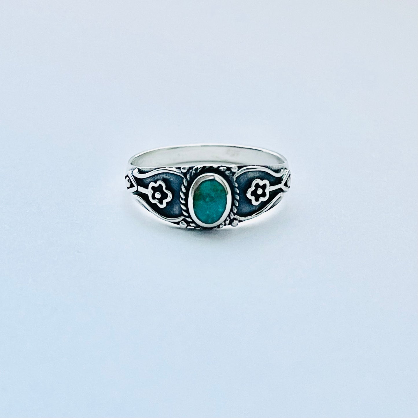 Sterling Silver Dainty Genuine Turquoise Ring with Flowers – Floral Boho Stone Silver Rings