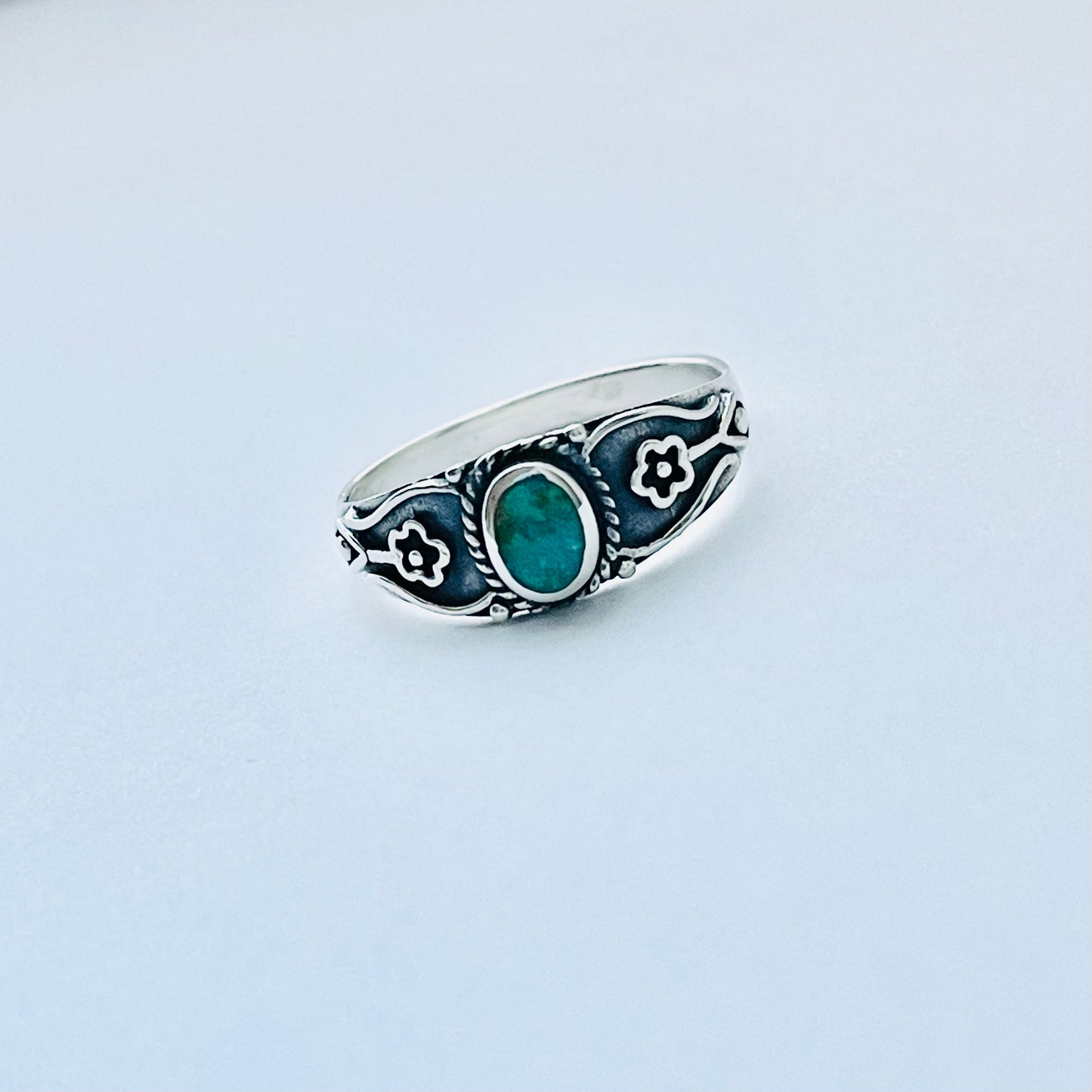 Sterling Silver Dainty Genuine Turquoise Ring with Flowers – Floral Boho Stone Silver Rings