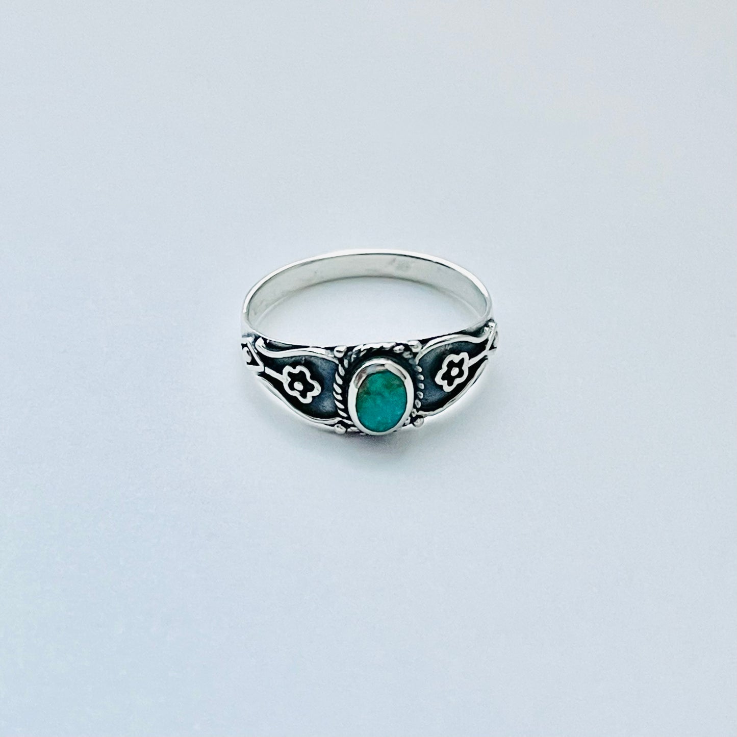 Sterling Silver Dainty Genuine Turquoise Ring with Flowers – Floral Boho Stone Silver Rings