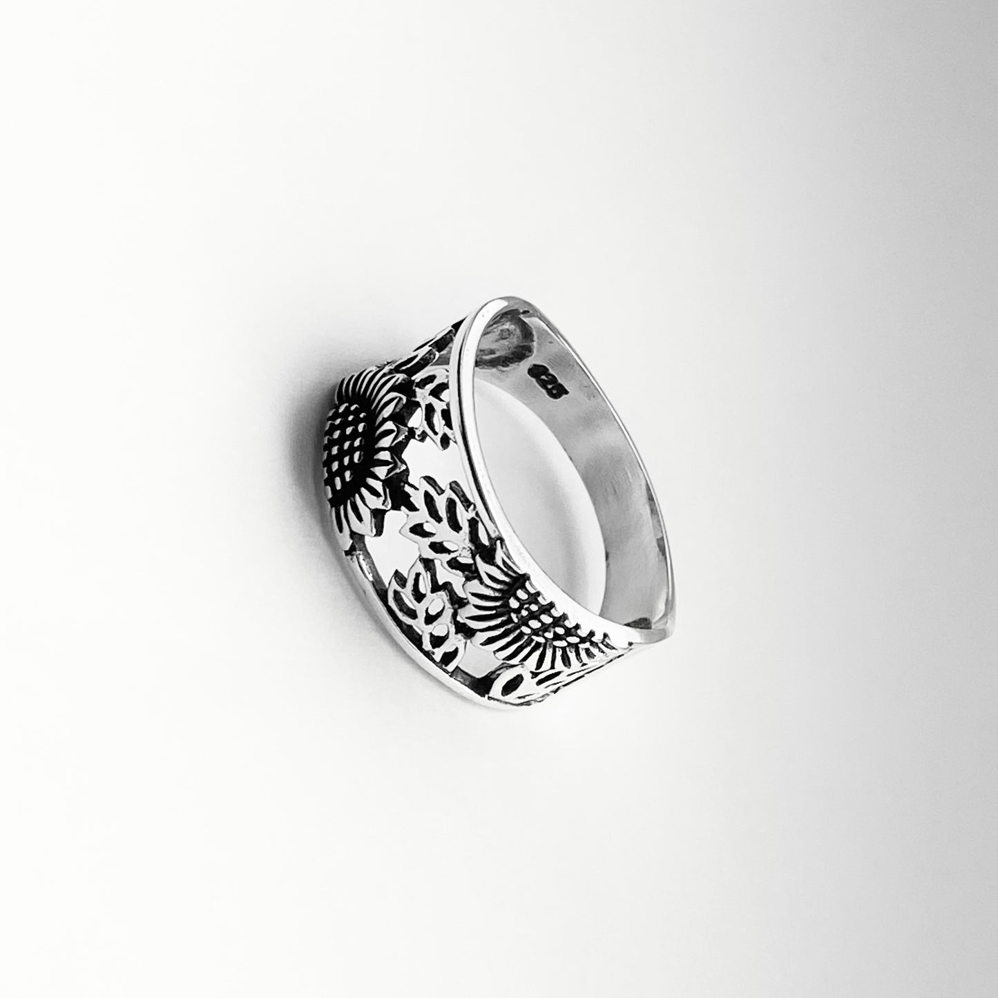 Sterling Silver Sunflower Ring with Leaves, Flower Band, Leaf Rings, Happy Flowers