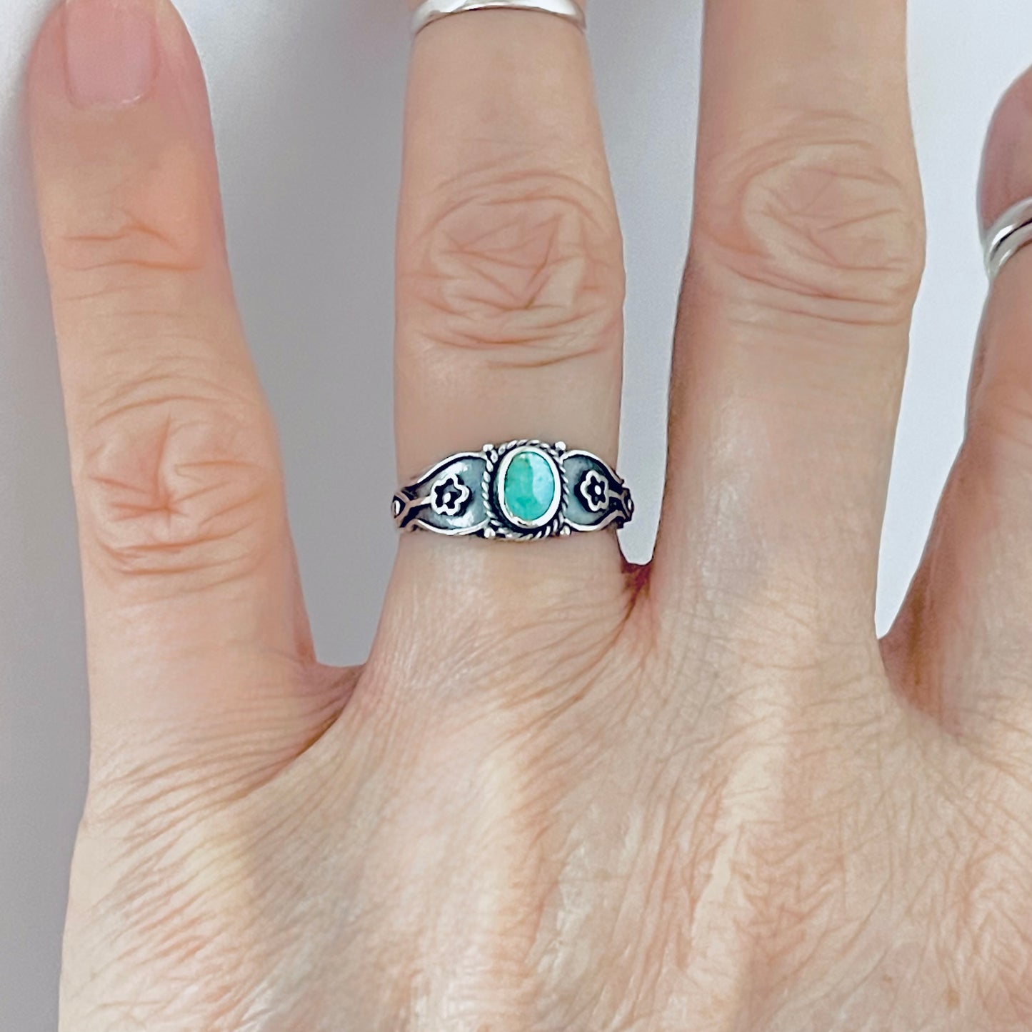 Sterling Silver Dainty Genuine Turquoise Ring with Flowers – Floral Boho Stone Silver Rings