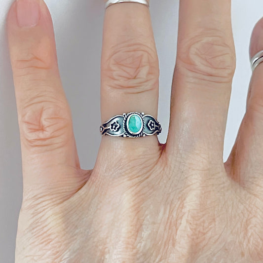 Sterling Silver Dainty Genuine Turquoise Ring with Flowers – Floral Boho Stone Silver Rings
