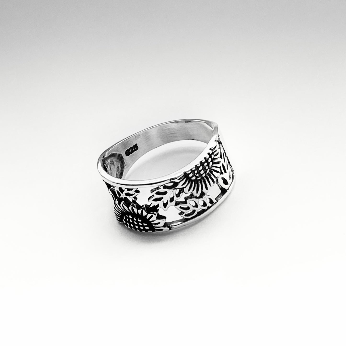 Sterling Silver Sunflower Ring with Leaves, Flower Band, Leaf Rings, Happy Flowers
