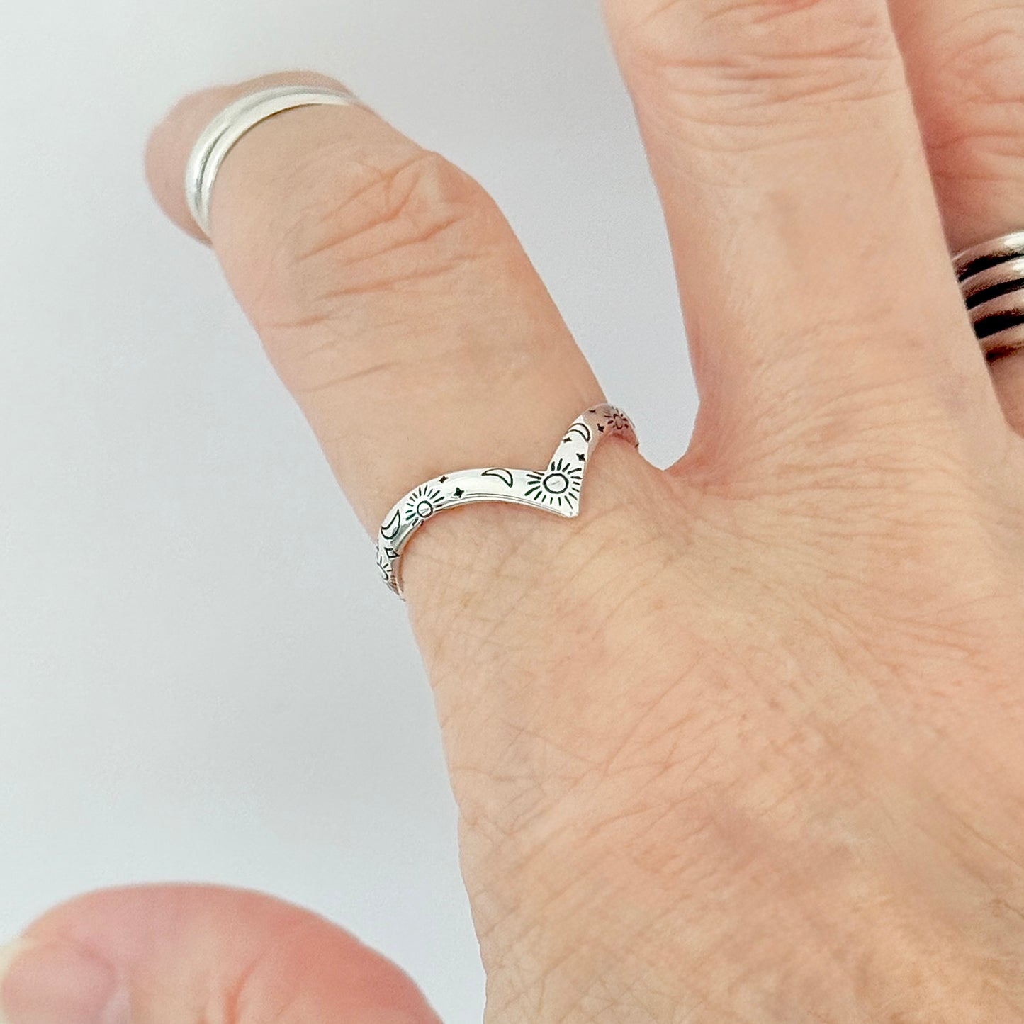 Sterling Silver Dainty Celestial V Shape Ring: Moon/Sun/Star Jewelry
