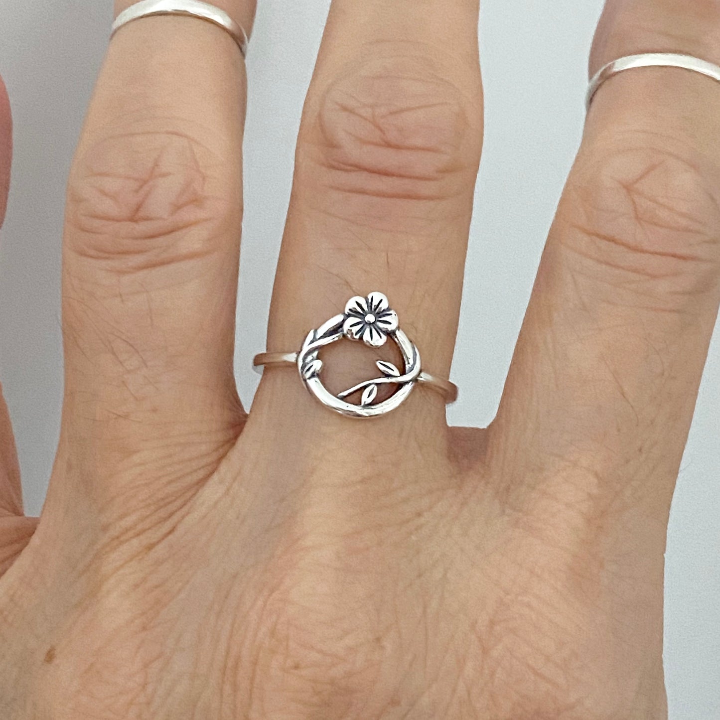 Sterling Silver Forget Me Not Flower Wreath Ring, Tree Vine Silver Rings