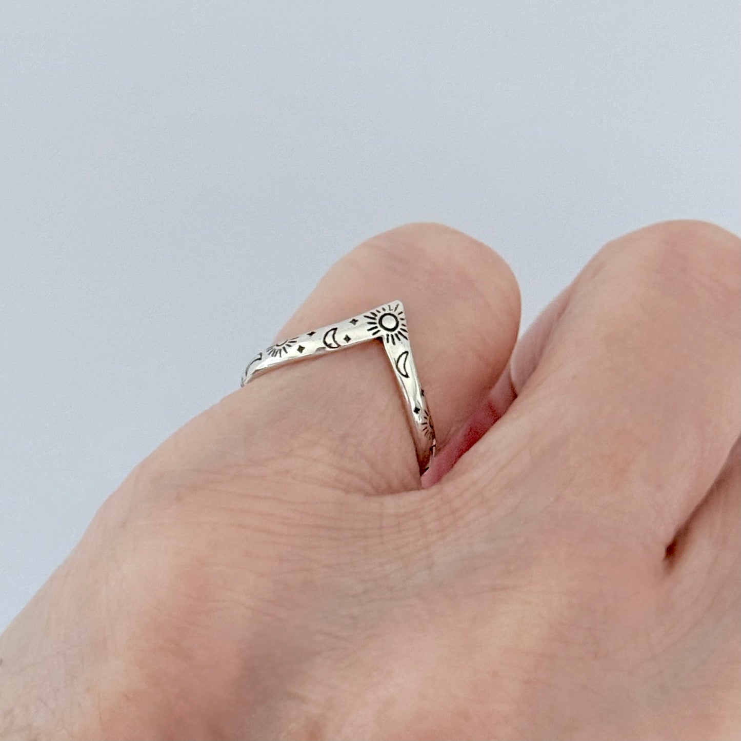 Sterling Silver Dainty Celestial V Shape Ring: Moon/Sun/Star Jewelry