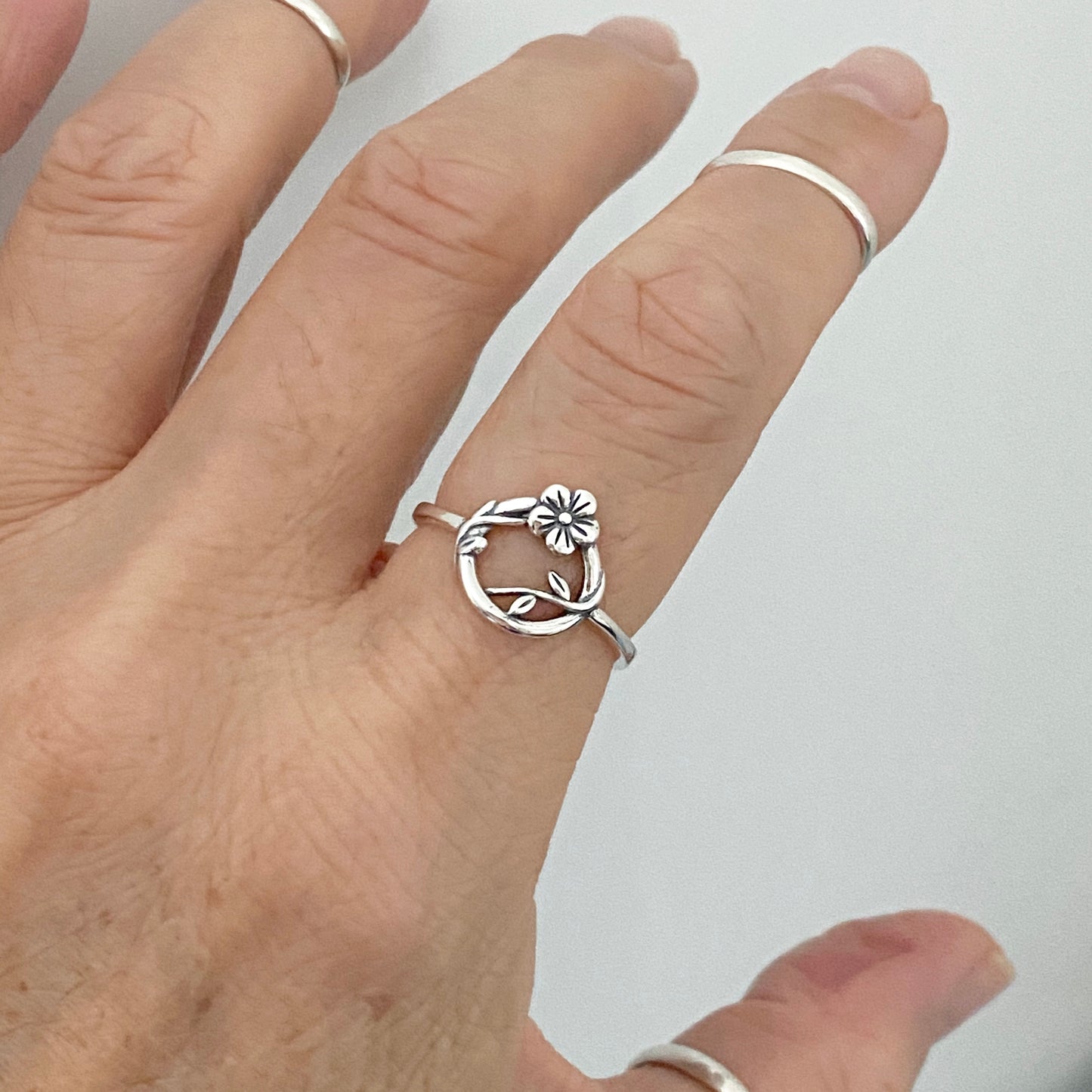 Sterling Silver Forget Me Not Flower Wreath Ring, Tree Vine Silver Rings