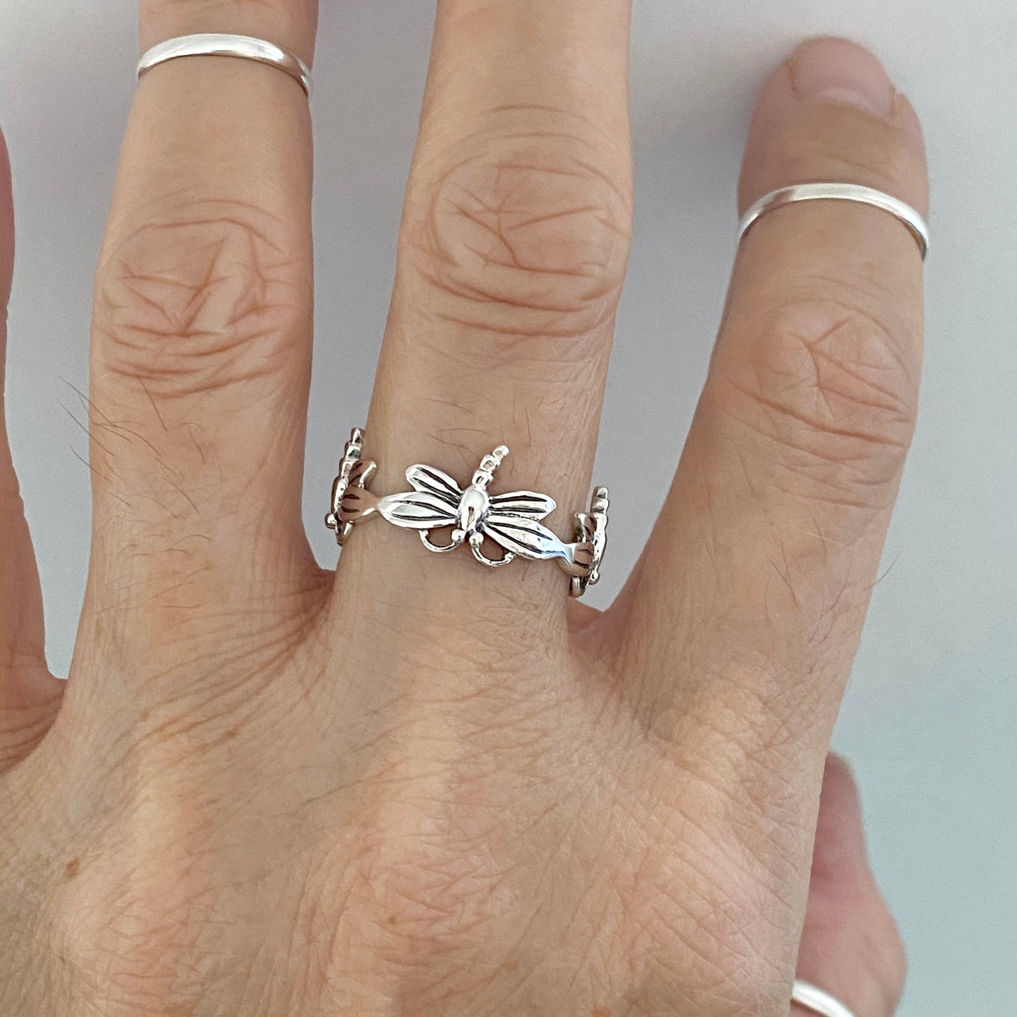 Sterling Silver Eternity Dragonfly Ring, Spirit Animal Silver Rings