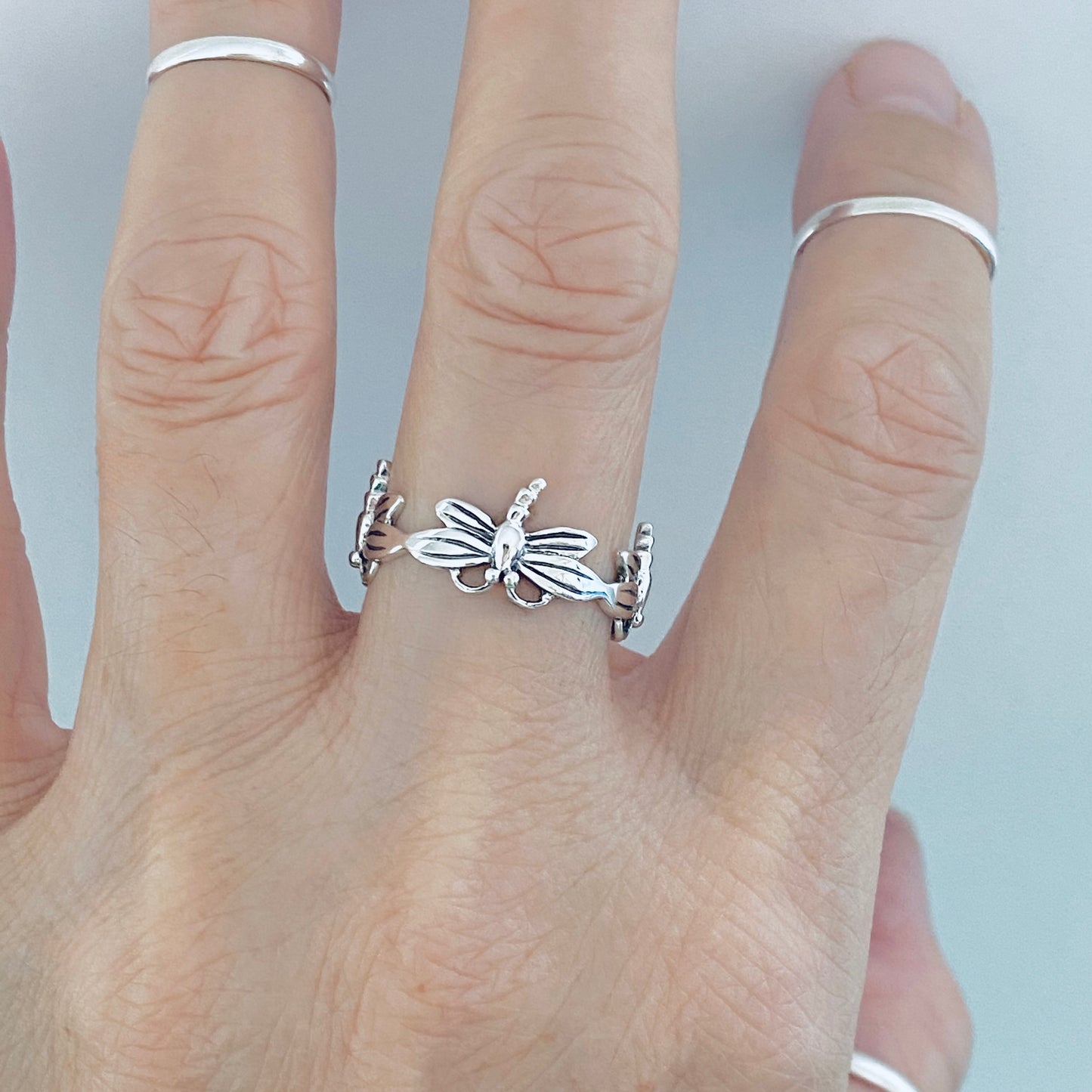 Sterling Silver Eternity Dragonfly Ring, Spirit Animal Silver Rings