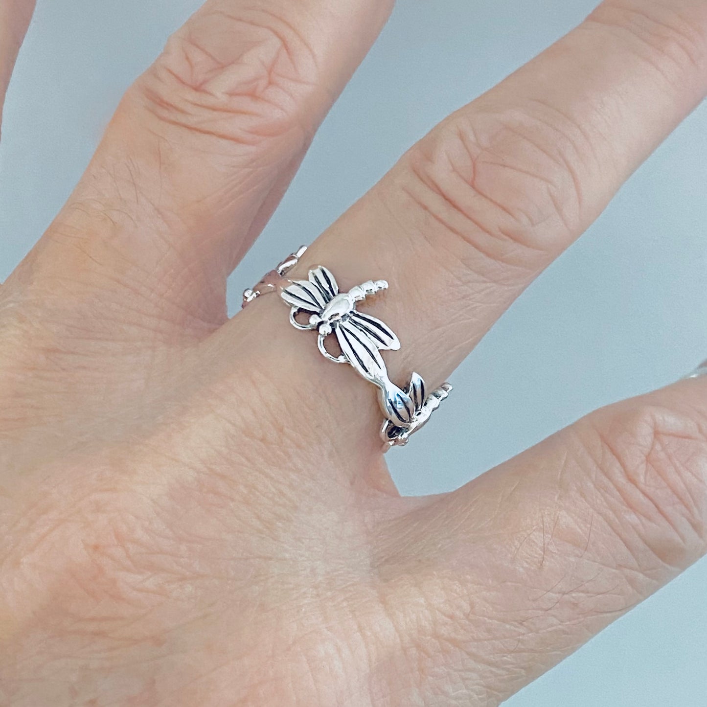 Sterling Silver Eternity Dragonfly Ring, Spirit Animal Silver Rings