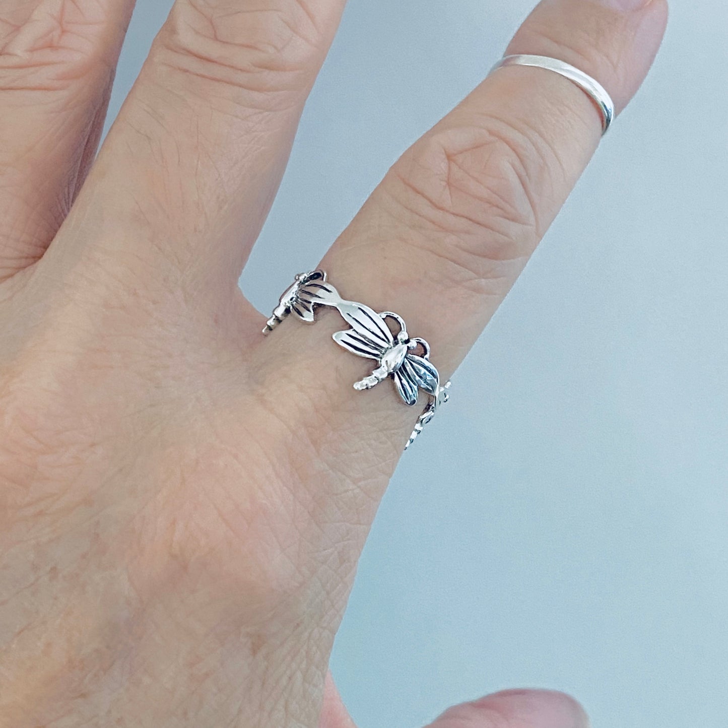 Sterling Silver Eternity Dragonfly Ring, Spirit Animal Silver Rings