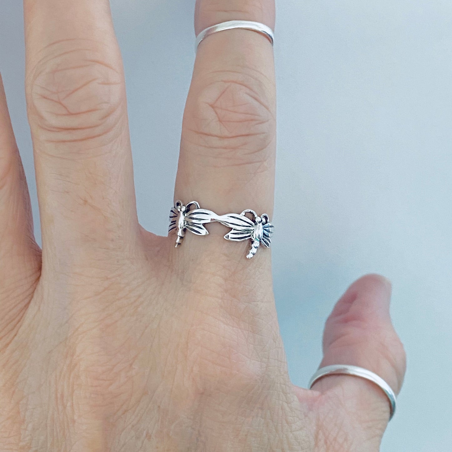 Sterling Silver Eternity Dragonfly Ring, Spirit Animal Silver Rings