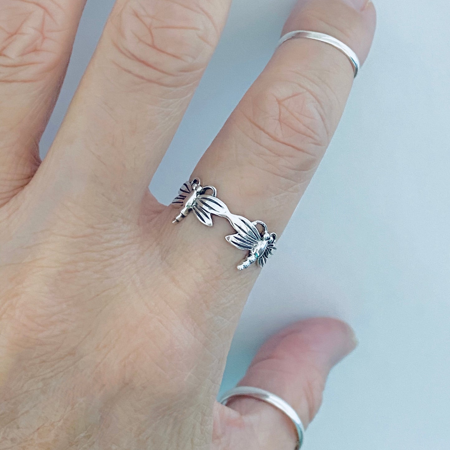 Sterling Silver Eternity Dragonfly Ring, Spirit Animal Silver Rings