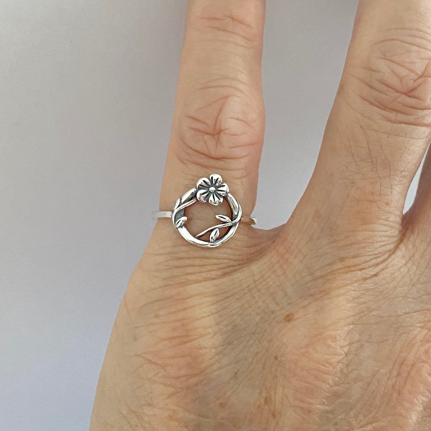 Sterling Silver Forget Me Not Flower Wreath Ring, Tree Vine Silver Rings