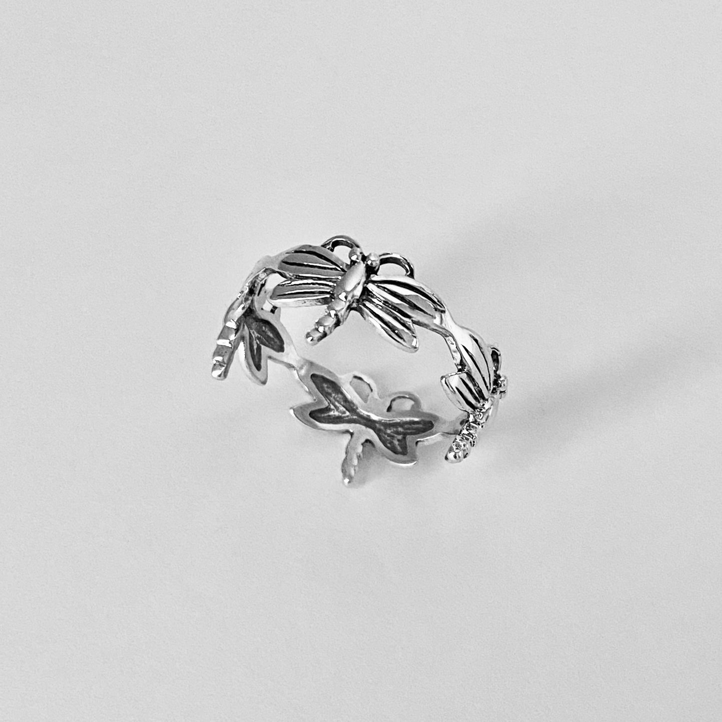 Sterling Silver Eternity Dragonfly Ring, Spirit Animal Silver Rings