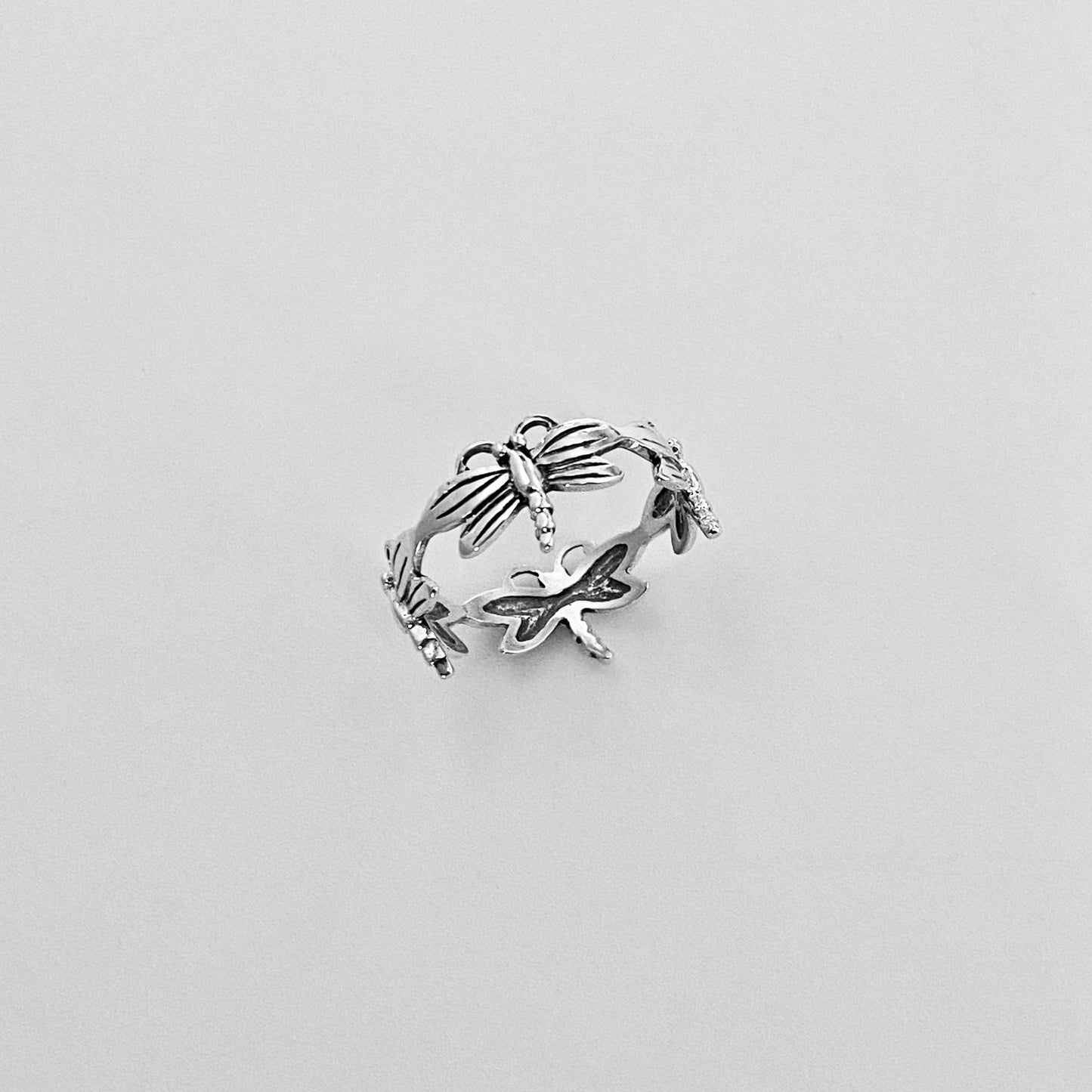 Sterling Silver Eternity Dragonfly Ring, Spirit Animal Silver Rings