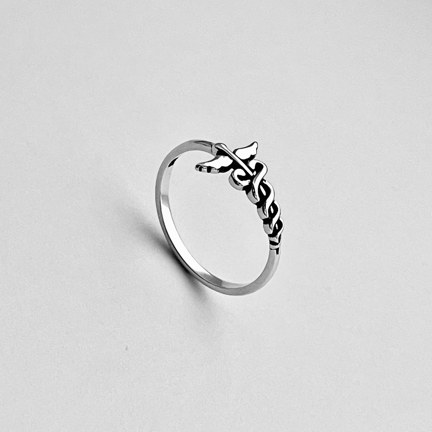 Caduceus Sideway Medical Ring in Sterling Silver, Doctor Silver Rings, Nurse Ring