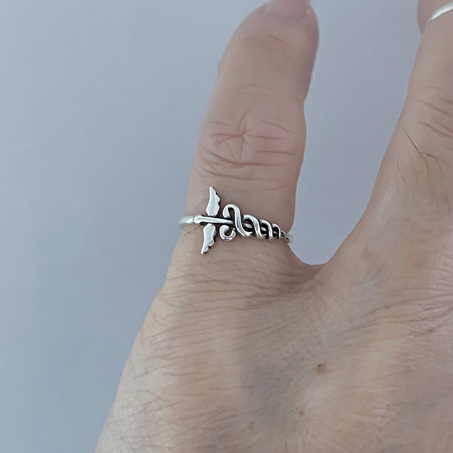 Caduceus Sideway Medical Ring in Sterling Silver, Doctor Silver Rings, Nurse Ring