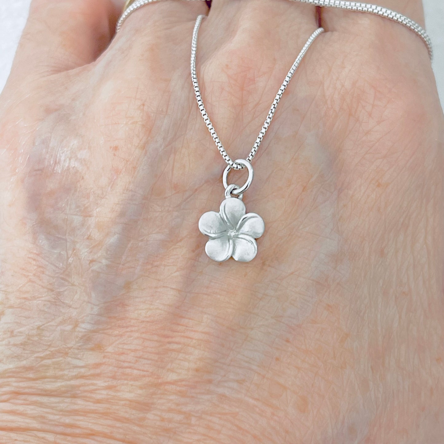 Sterling Silver Little Satin Plumeria Flower Necklace – Dainty Hawaii Lei Pendant Chain