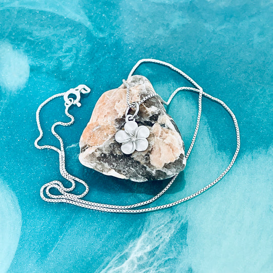 Sterling Silver Little Satin Plumeria Flower Necklace – Dainty Hawaii Lei Pendant Chain
