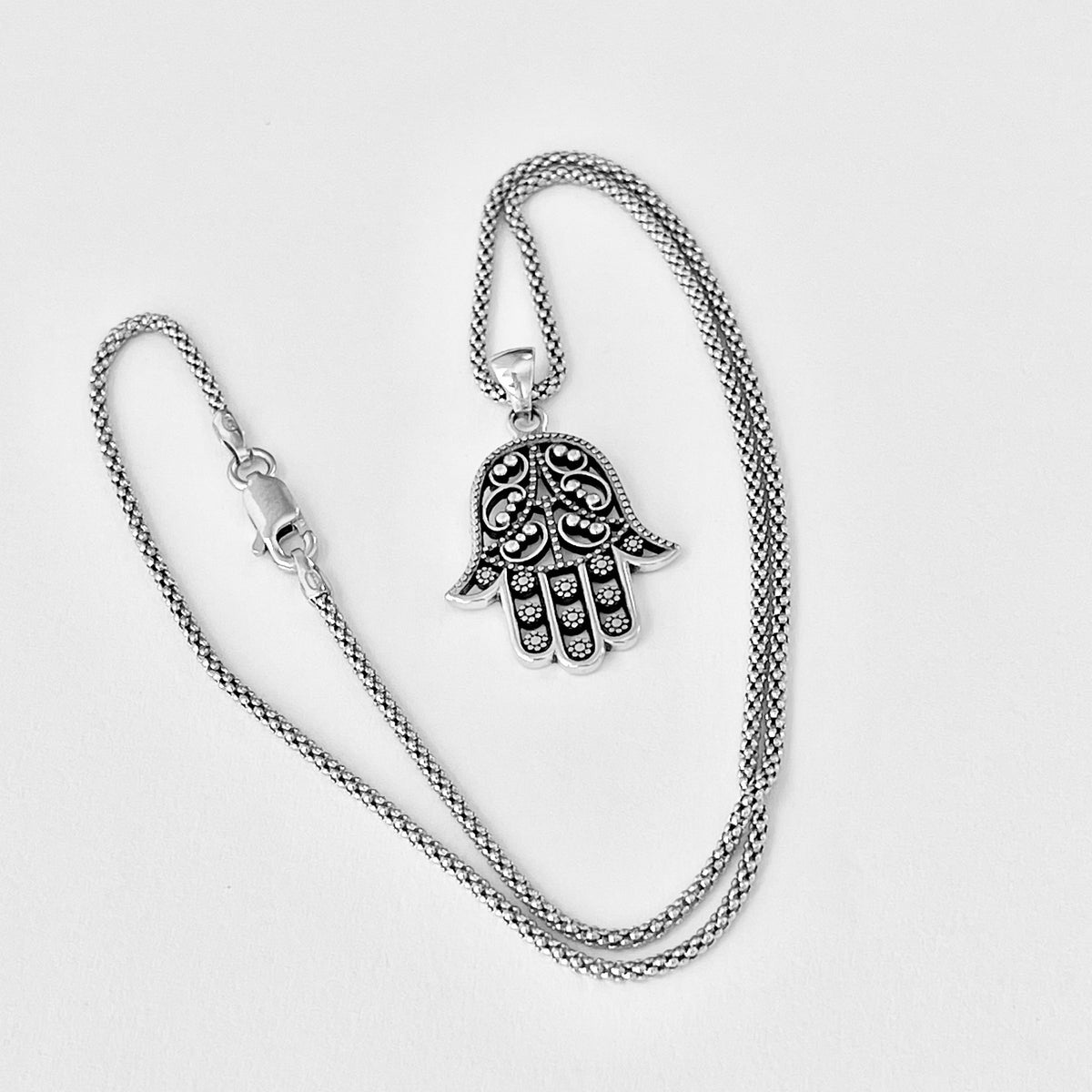 925 Sterling Silver Flower Hamsa Necklace | Hand of Fatima Pendant Religious Chain