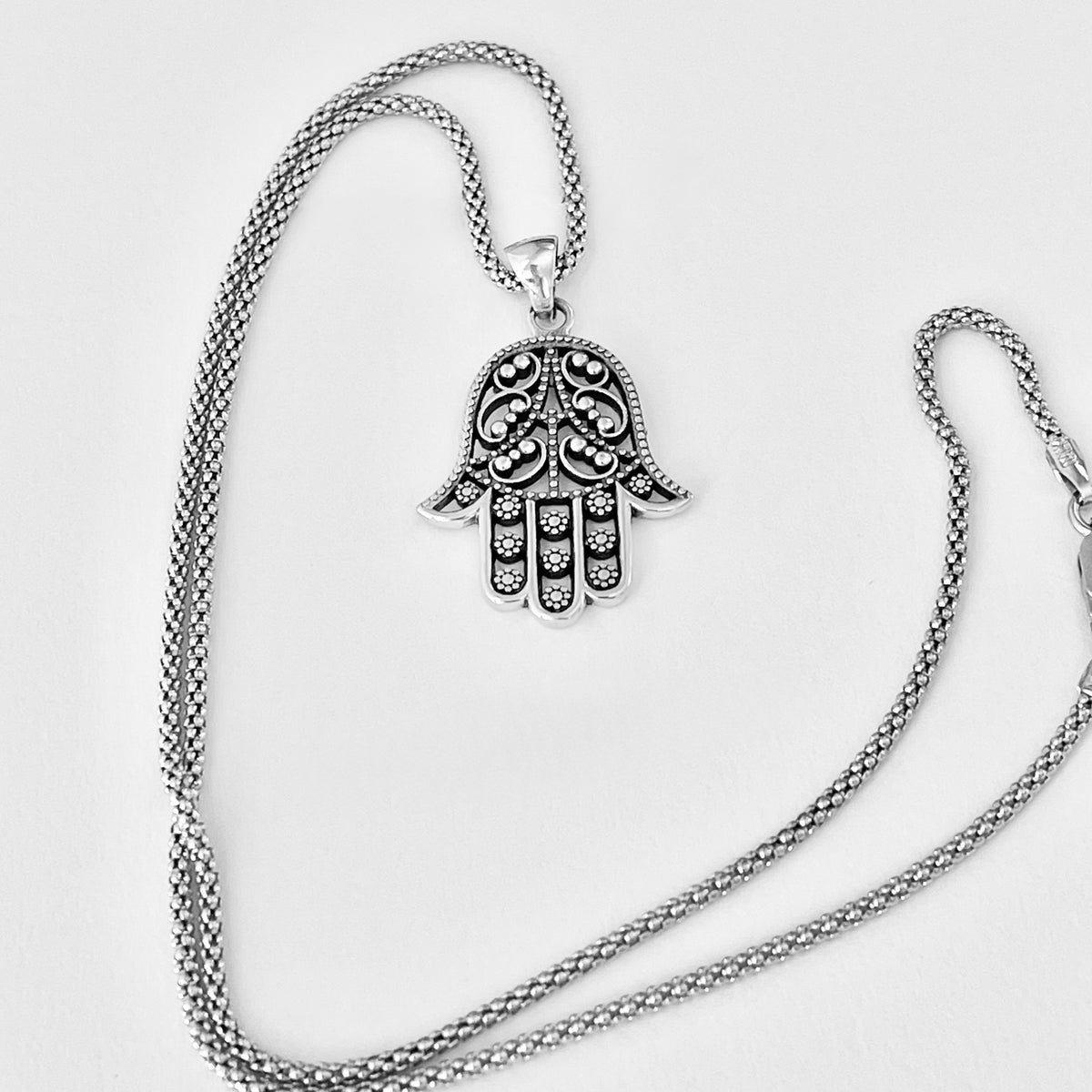 925 Sterling Silver Flower Hamsa Necklace | Hand of Fatima Pendant Religious Chain