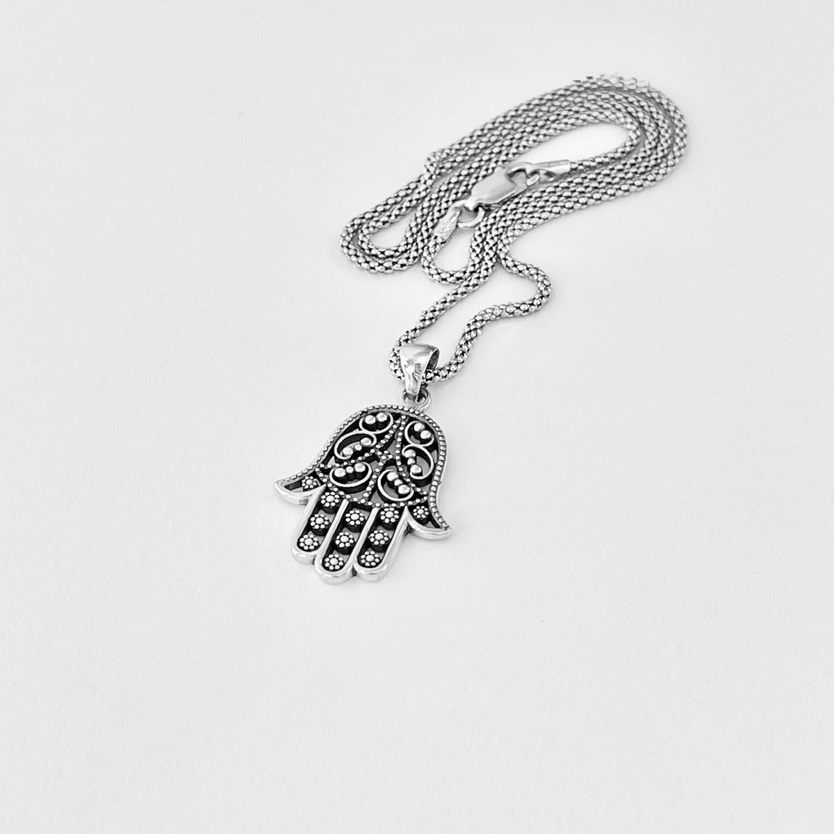 925 Sterling Silver Flower Hamsa Necklace | Hand of Fatima Pendant Religious Chain