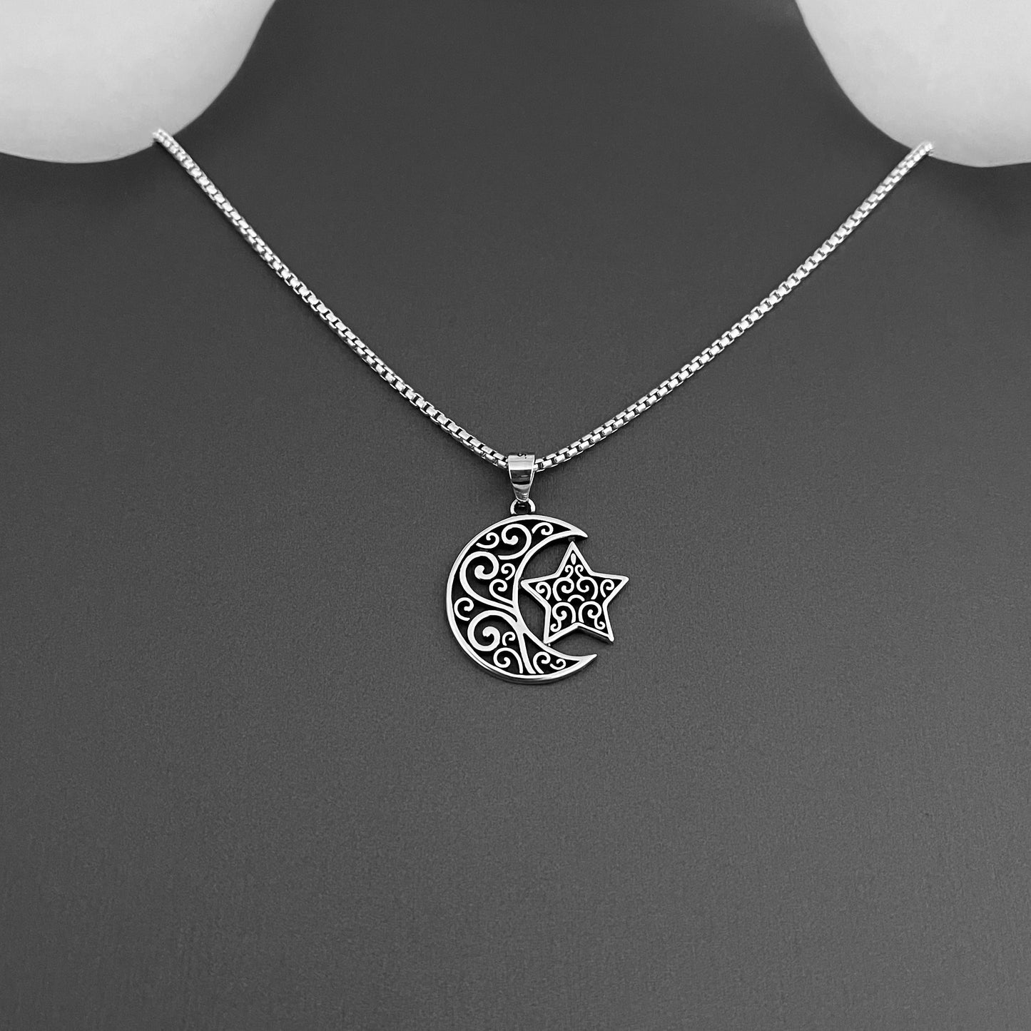 Sterling Silver Filigree Moon and Star Pendant with Italian Silver Necklace