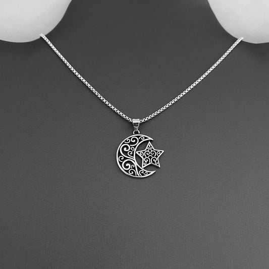 Sterling Silver Filigree Moon and Star Pendant with Italian Silver Necklace