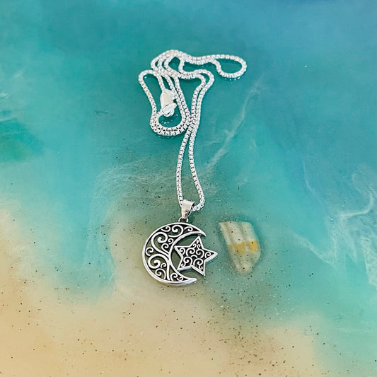Sterling Silver Statement Filigree Moon and Star Necklace, Silver Chain, Celestial Jewelry