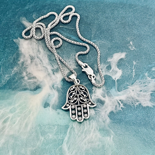 Sterling Silver Hamsa Pendant and Necklace, Silver Hand Necklaces