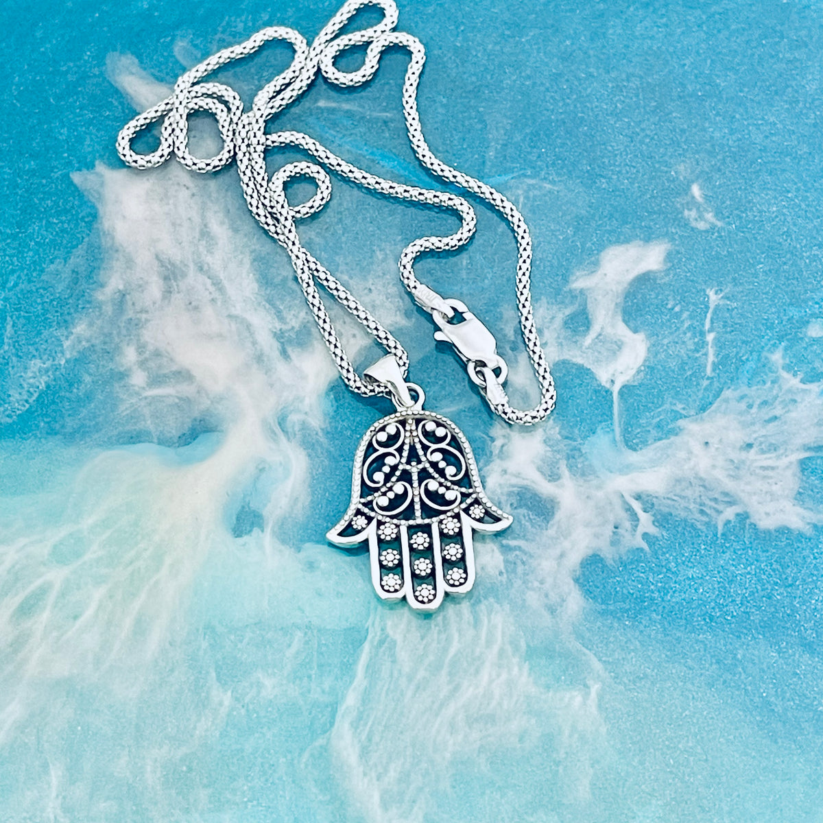 925 Sterling Silver Flower Hamsa Necklace | Hand of Fatima Pendant Religious Chain