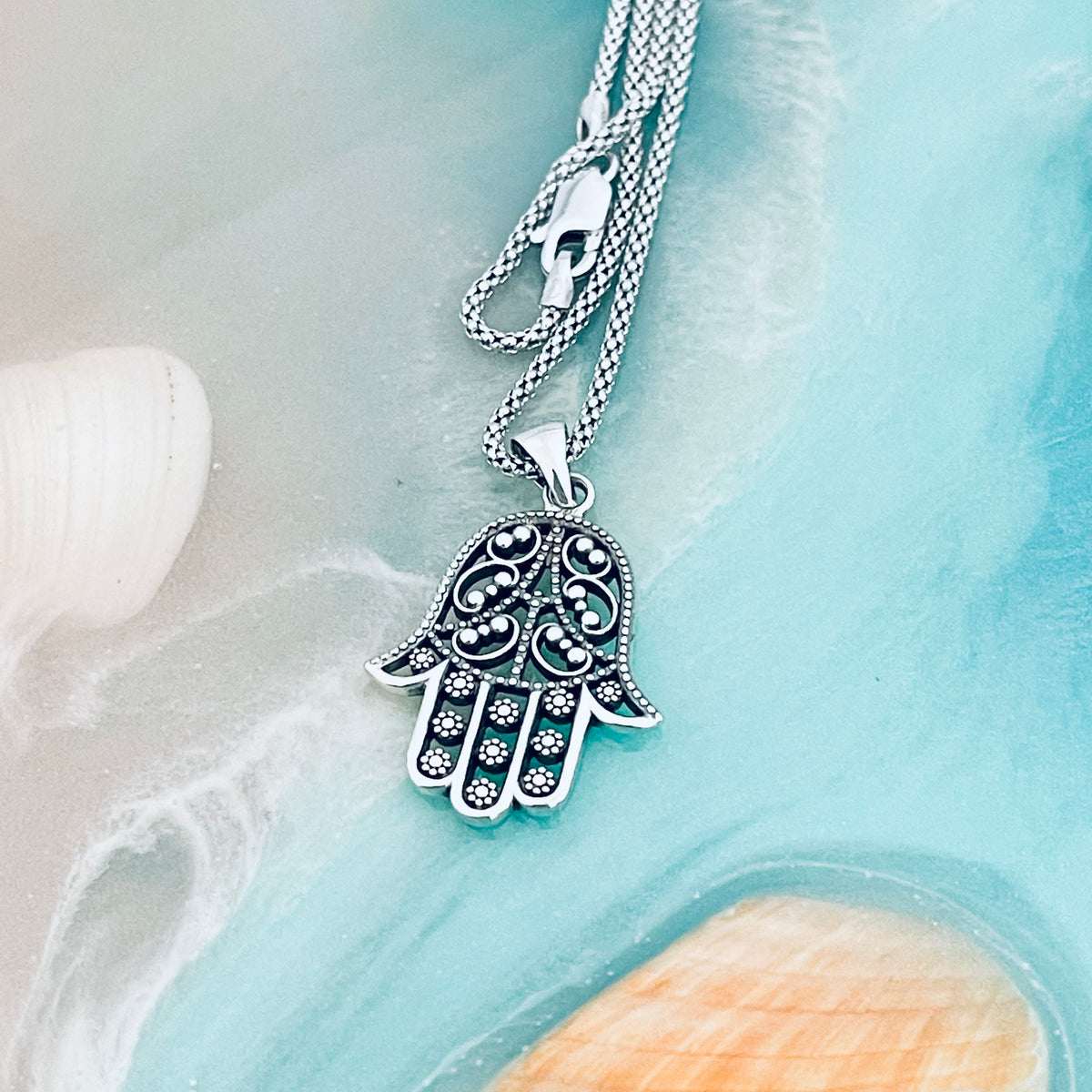 925 Sterling Silver Flower Hamsa Necklace | Hand of Fatima Pendant Religious Chain