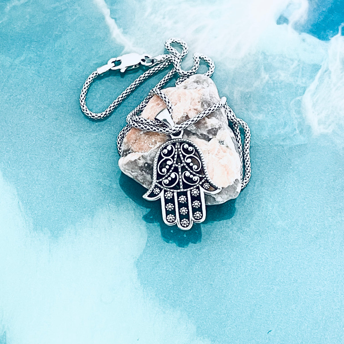 925 Sterling Silver Flower Hamsa Necklace | Hand of Fatima Pendant Religious Chain