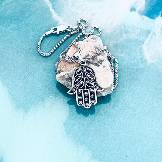 925 Sterling Silver Flower Hamsa Necklace | Hand of Fatima Pendant Religious Chain