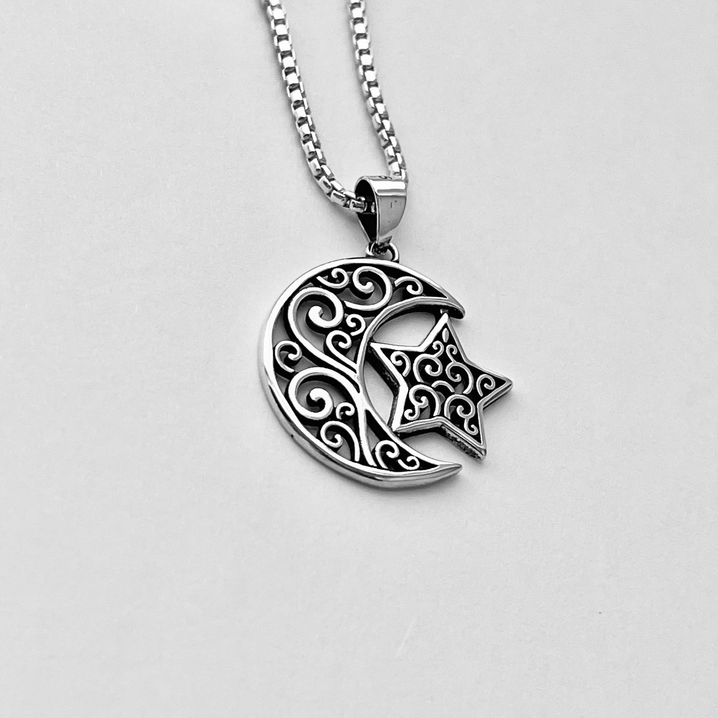 Sterling Silver Filigree Moon and Star Pendant with Italian Silver Necklace