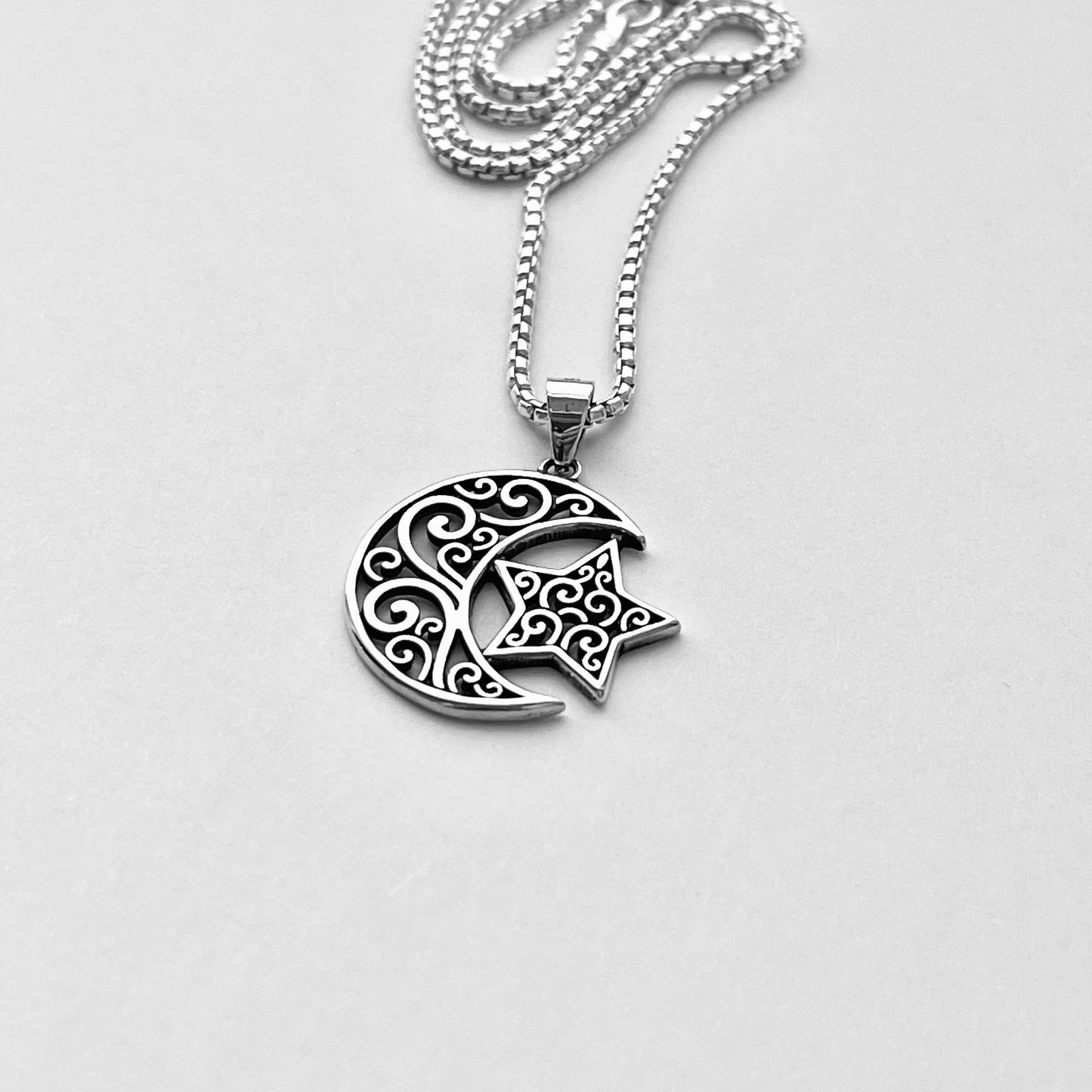 Sterling Silver Filigree Moon and Star Pendant with Italian Silver Necklace