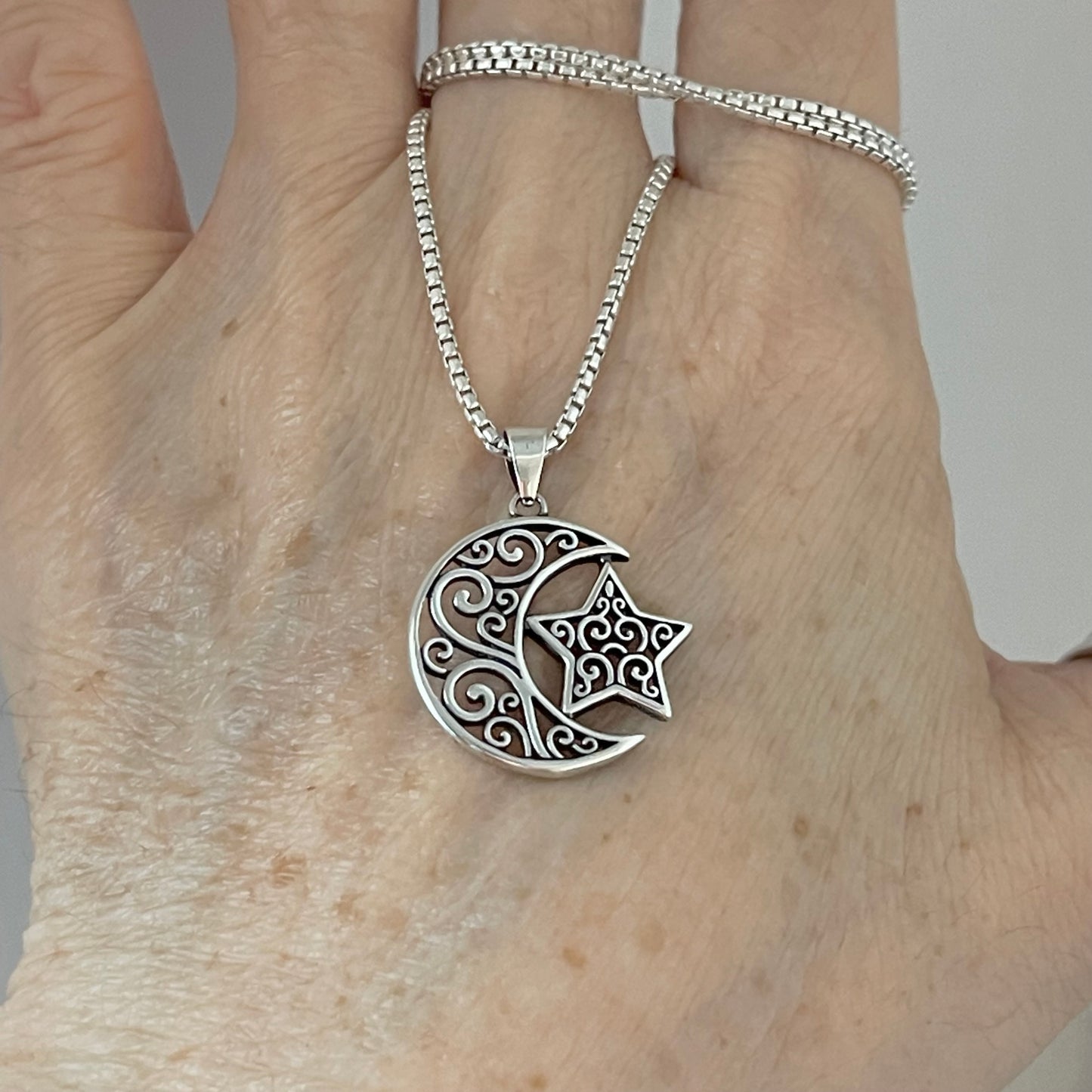 Sterling Silver Filigree Moon and Star Pendant with Italian Silver Necklace