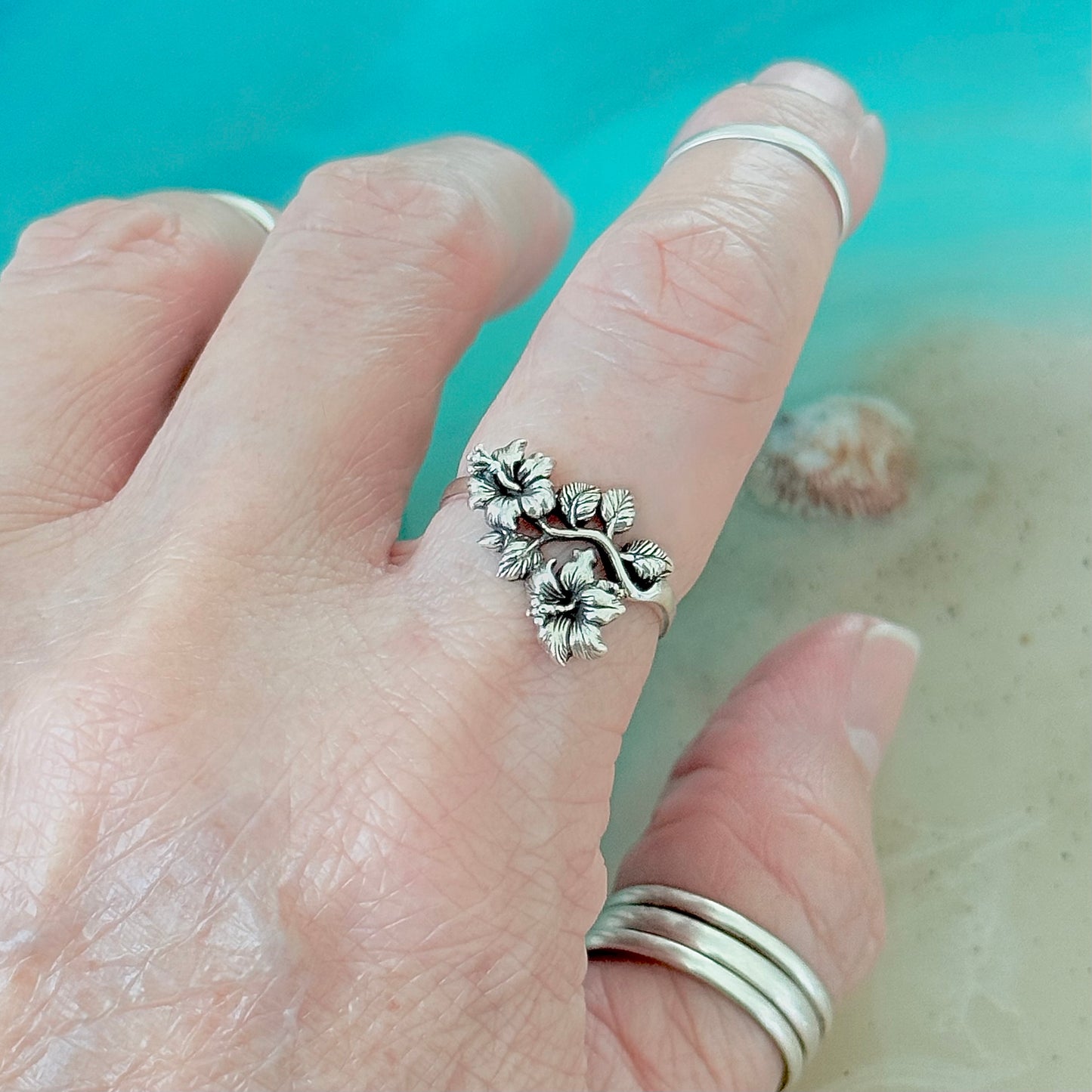 925 Sterling Silver Lily Flower Ring with Leaves | Floral Jewelry