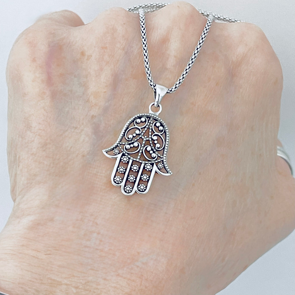 925 Sterling Silver Flower Hamsa Necklace | Hand of Fatima Pendant Religious Chain