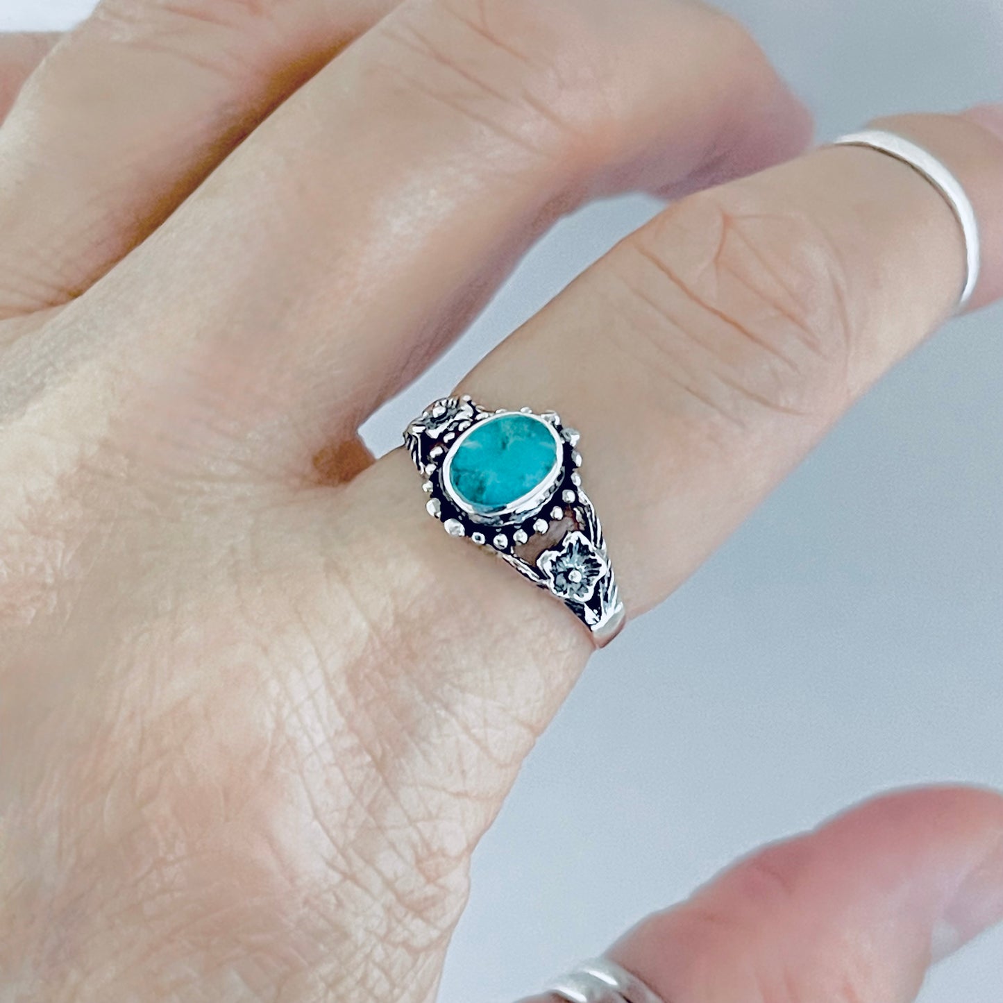 Sterling Silver Oval Genuine Turquoise Ring with Flowers, Dainty Rings, Stone Jewelry