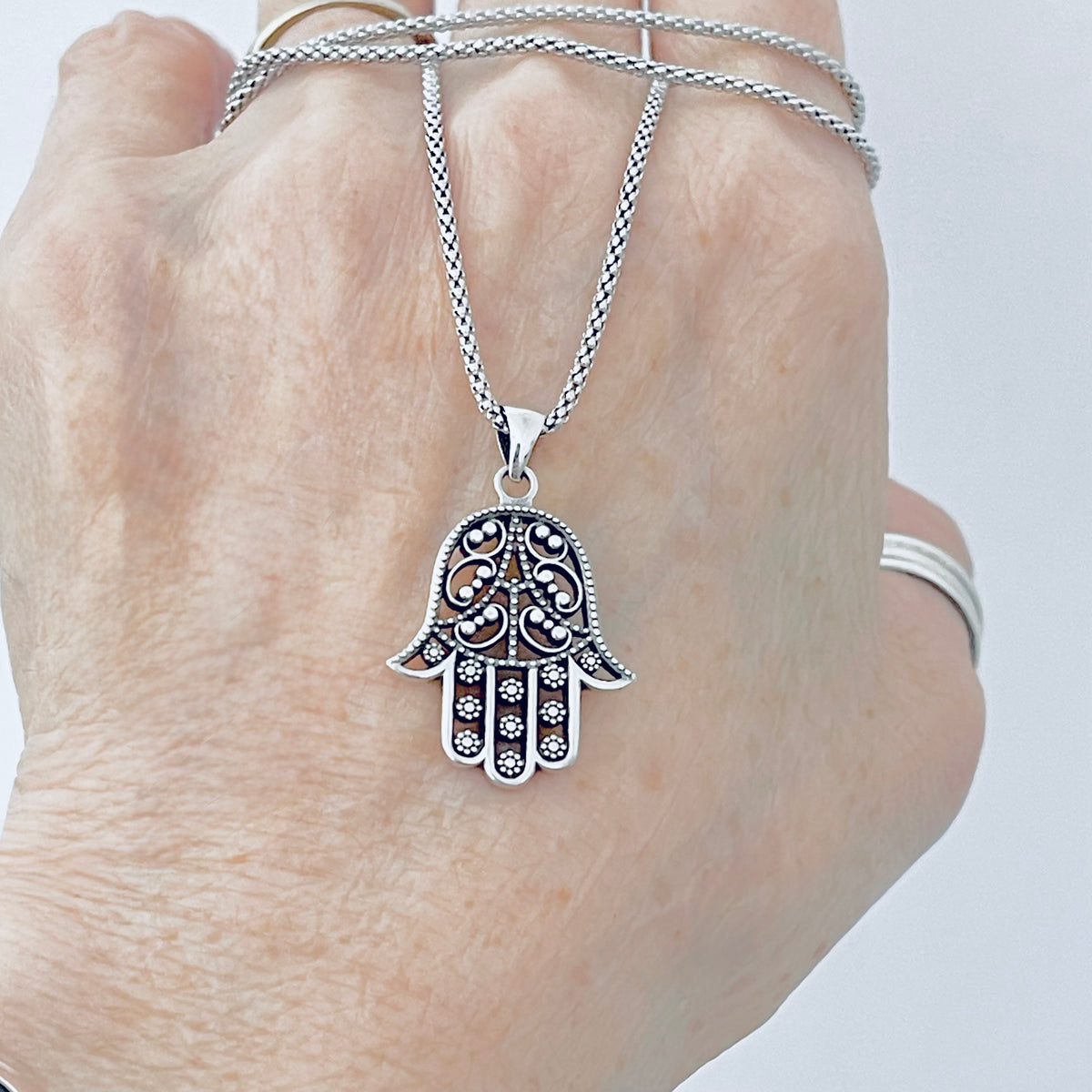 925 Sterling Silver Flower Hamsa Necklace | Hand of Fatima Pendant Religious Chain