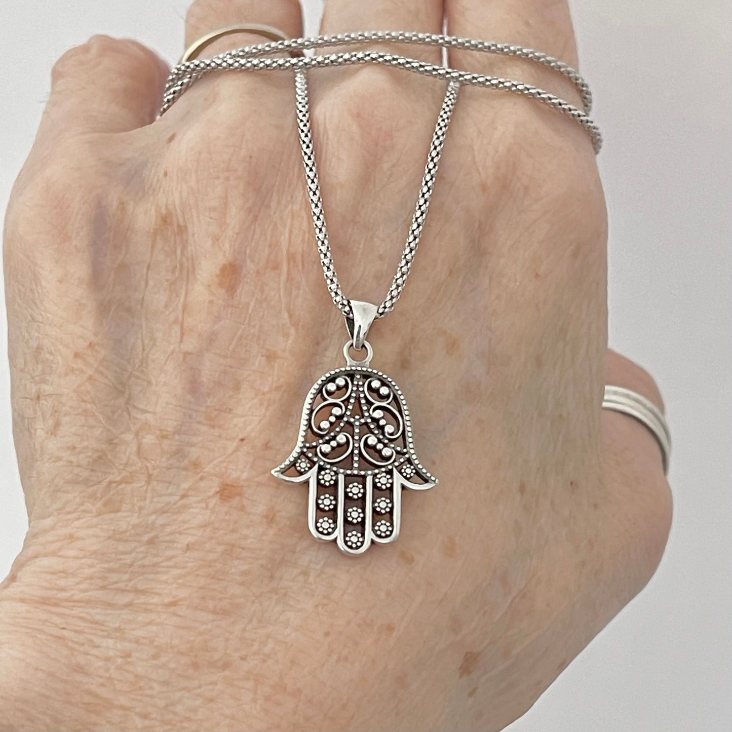 Sterling Silver Hamsa Pendant and Necklace, Silver Hand Necklaces