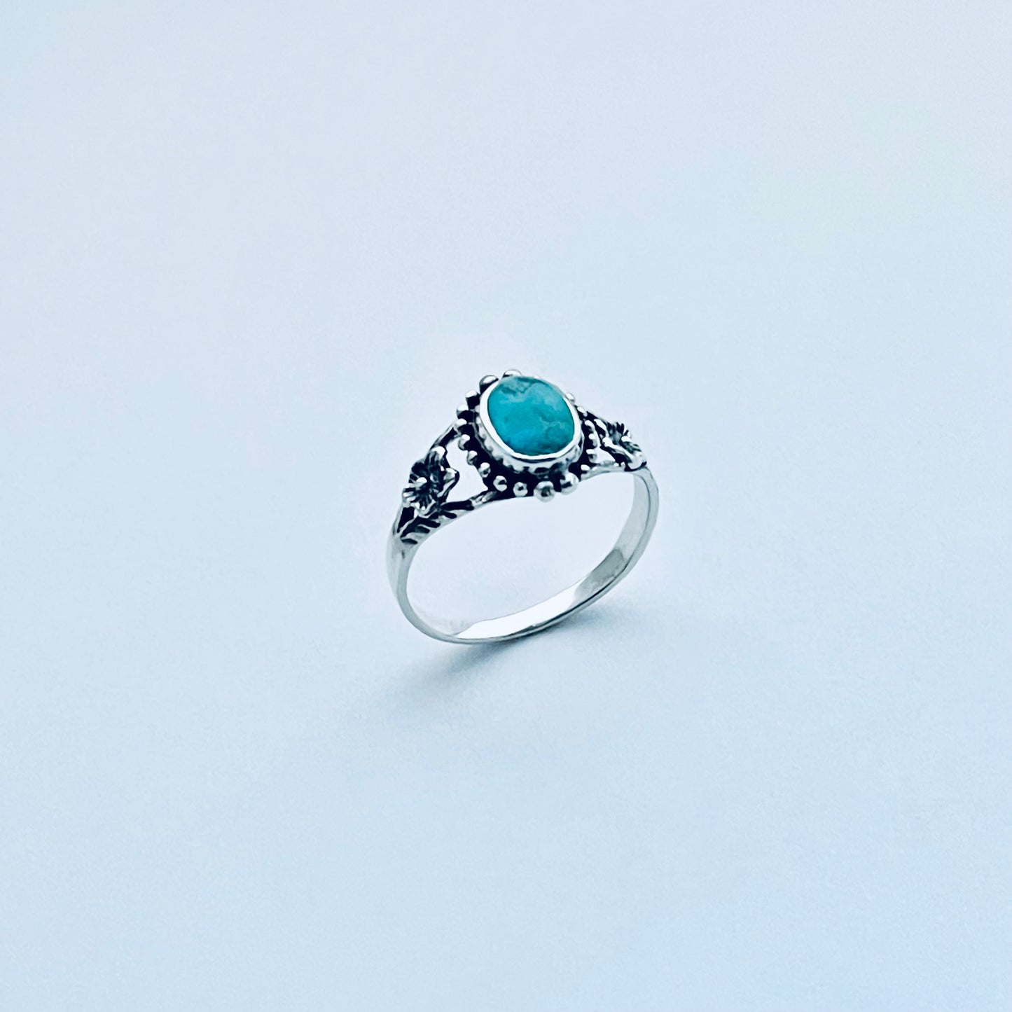 Sterling Silver Oval Genuine Turquoise Ring with Flowers, Dainty Rings, Stone Jewelry