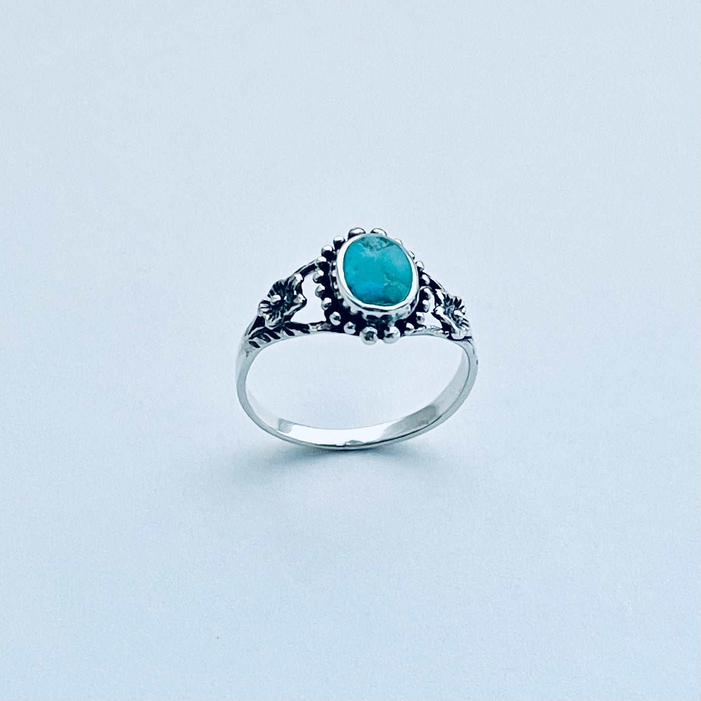 Sterling Silver Oval Genuine Turquoise Ring with Flowers, Dainty Rings, Stone Jewelry